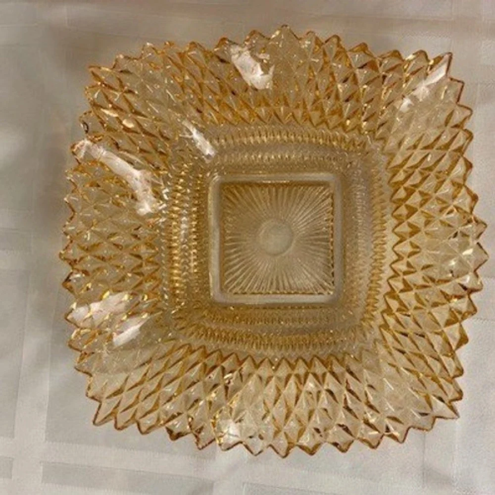 Vintage Amber Marigold Carnival Glass Square Bowl Diamond Point Sawtooth 6.75